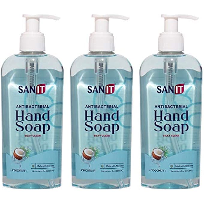 Sanit SILKY CLEAN ANTIBACTERIAL LIQUID GEL AROMATIC HAND SOAP - ADVANCED FORMULA WITH COCONUT OIL AND ALOE VERA - NATURAL MOISTURIZING HAND WASH - MADE IN USA, COCONUT, 8 OZ, 3 PACK - Image 1